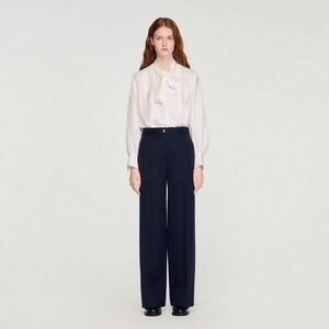 Sandro Theaneau Wide Leg Trousers Fr 38 / US 6  Navy Blue High Rise MSRP $400